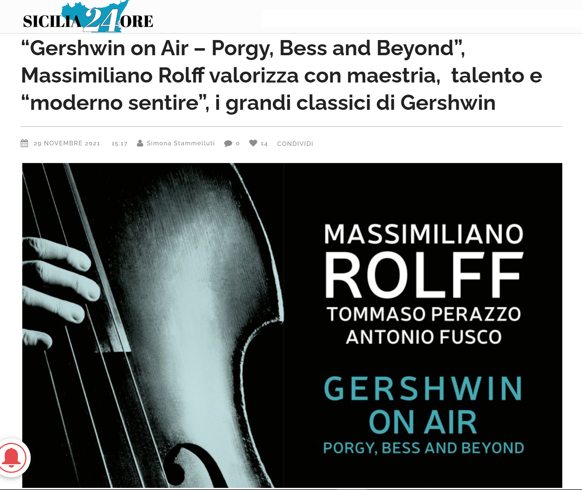 Recensione dell'album Gershwin on Air di Massimiliano Rolff su Sicilia 24 ore
